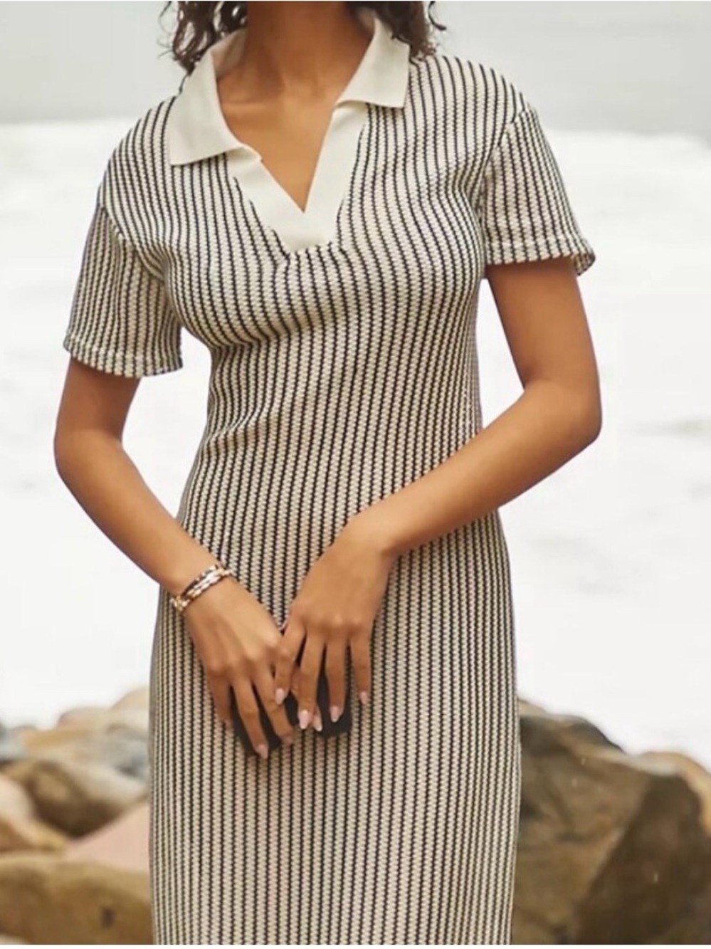 Anthropologie Cream and Black Striped Polo Knit Dress